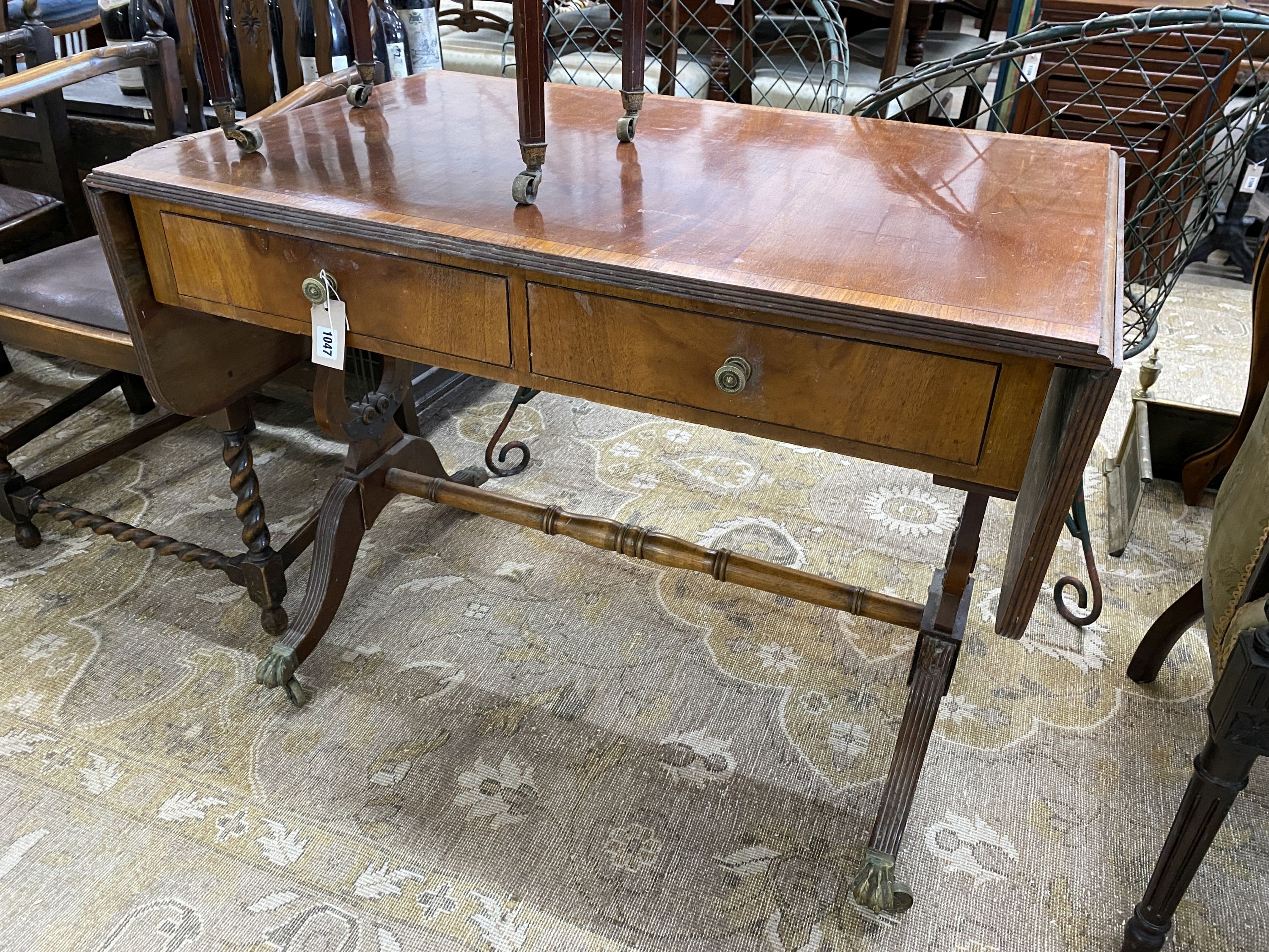 A Regency style banded mahogany sofa table together with an Edwardian octagonal mahogany centre table, larger width 98cm, depth 61cm, height 74cm